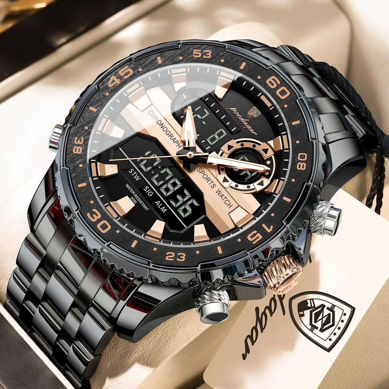 POEDAGAR Man Clock Waterproof Stainless Steel