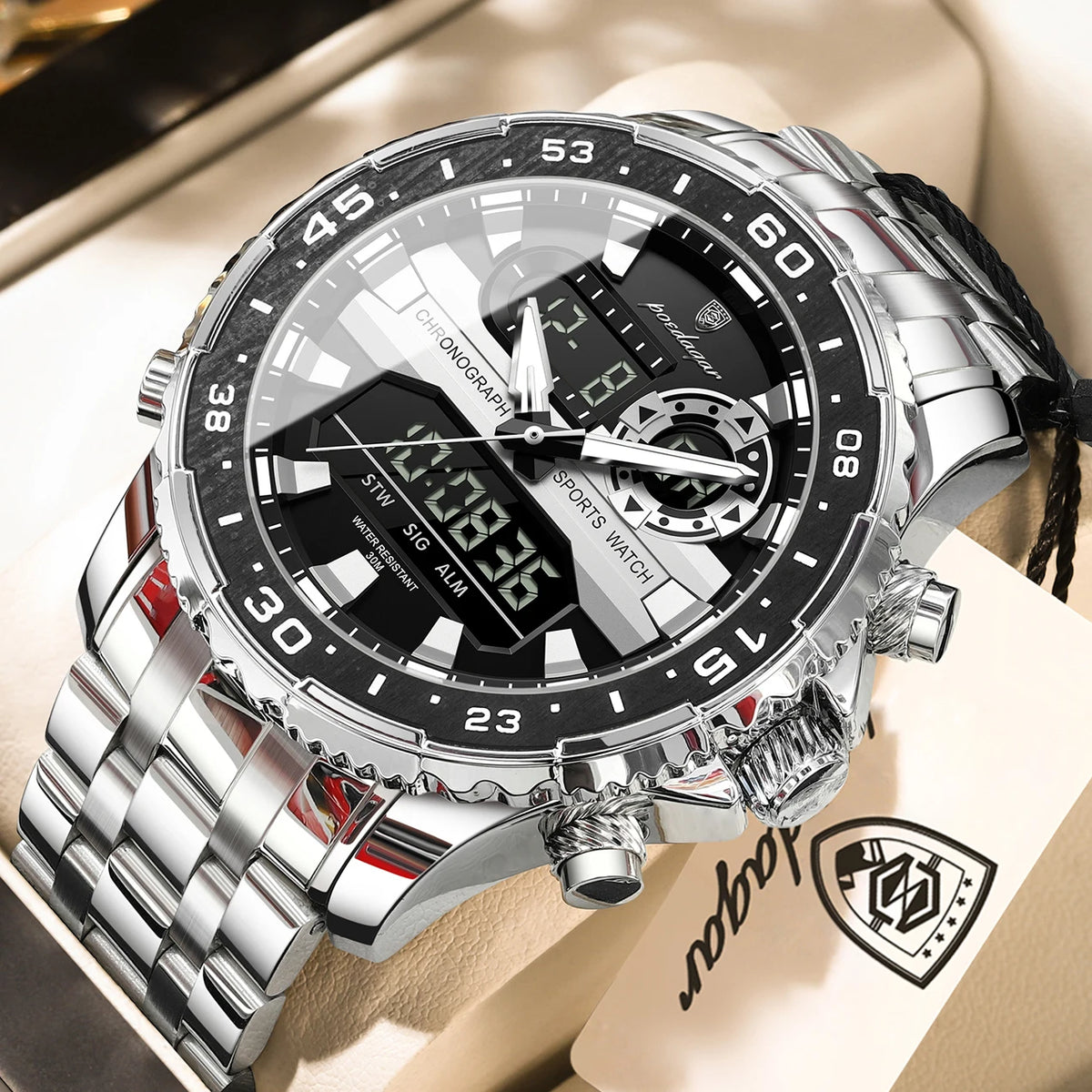 POEDAGAR Man Clock Waterproof Stainless Steel