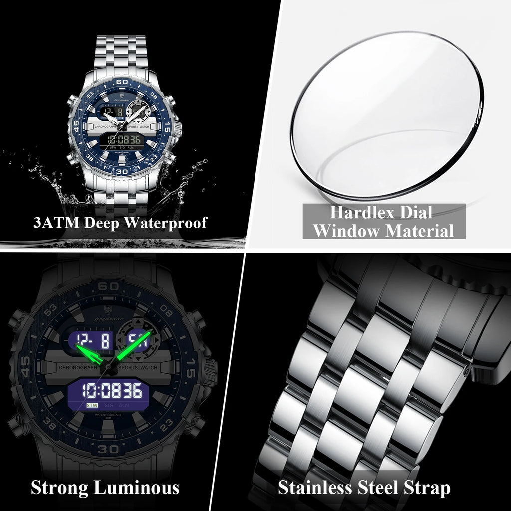 POEDAGAR Man Clock Waterproof Stainless Steel