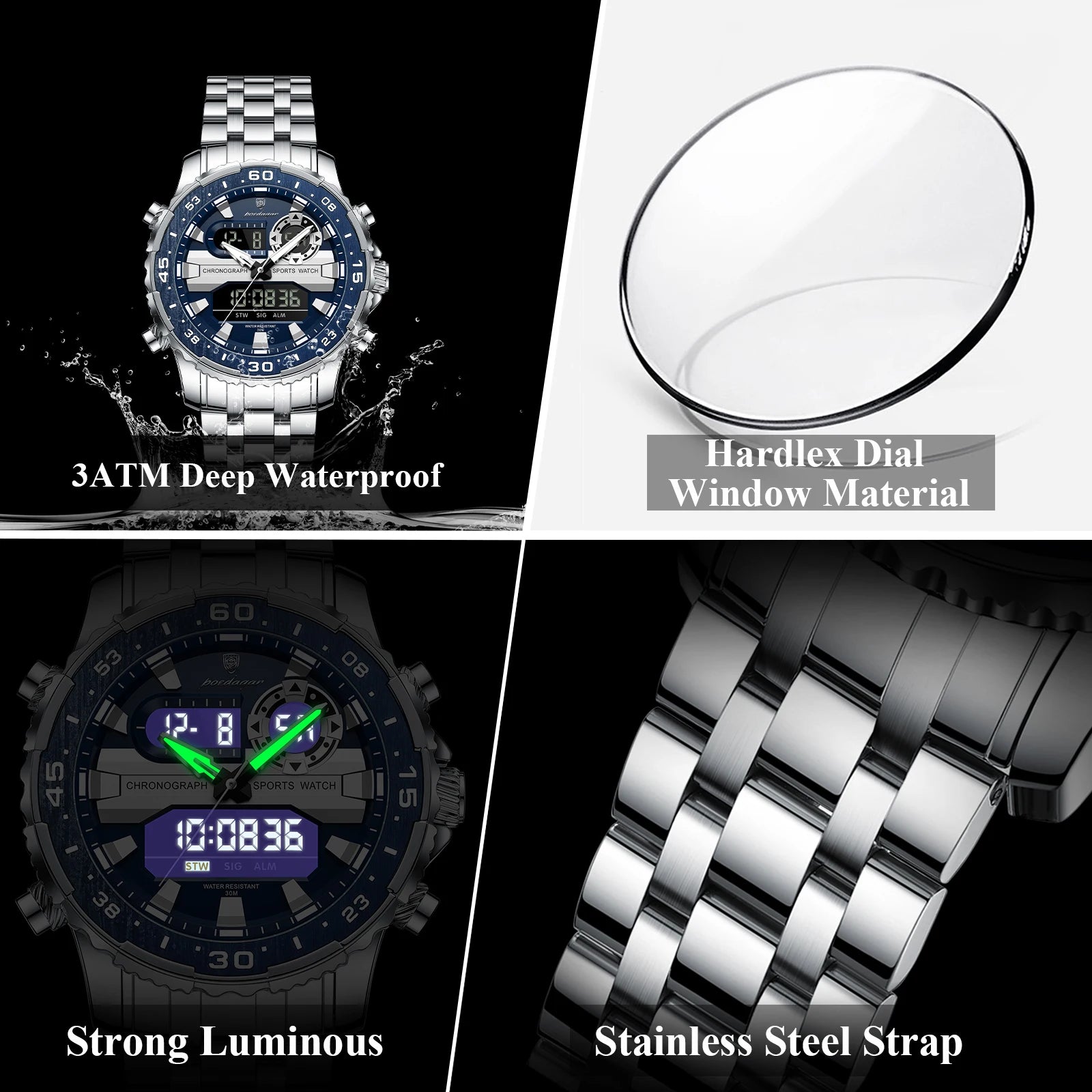 POEDAGAR Man Clock Waterproof Stainless Steel