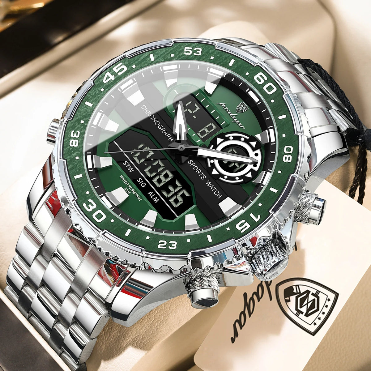 POEDAGAR Man Clock Waterproof Stainless Steel