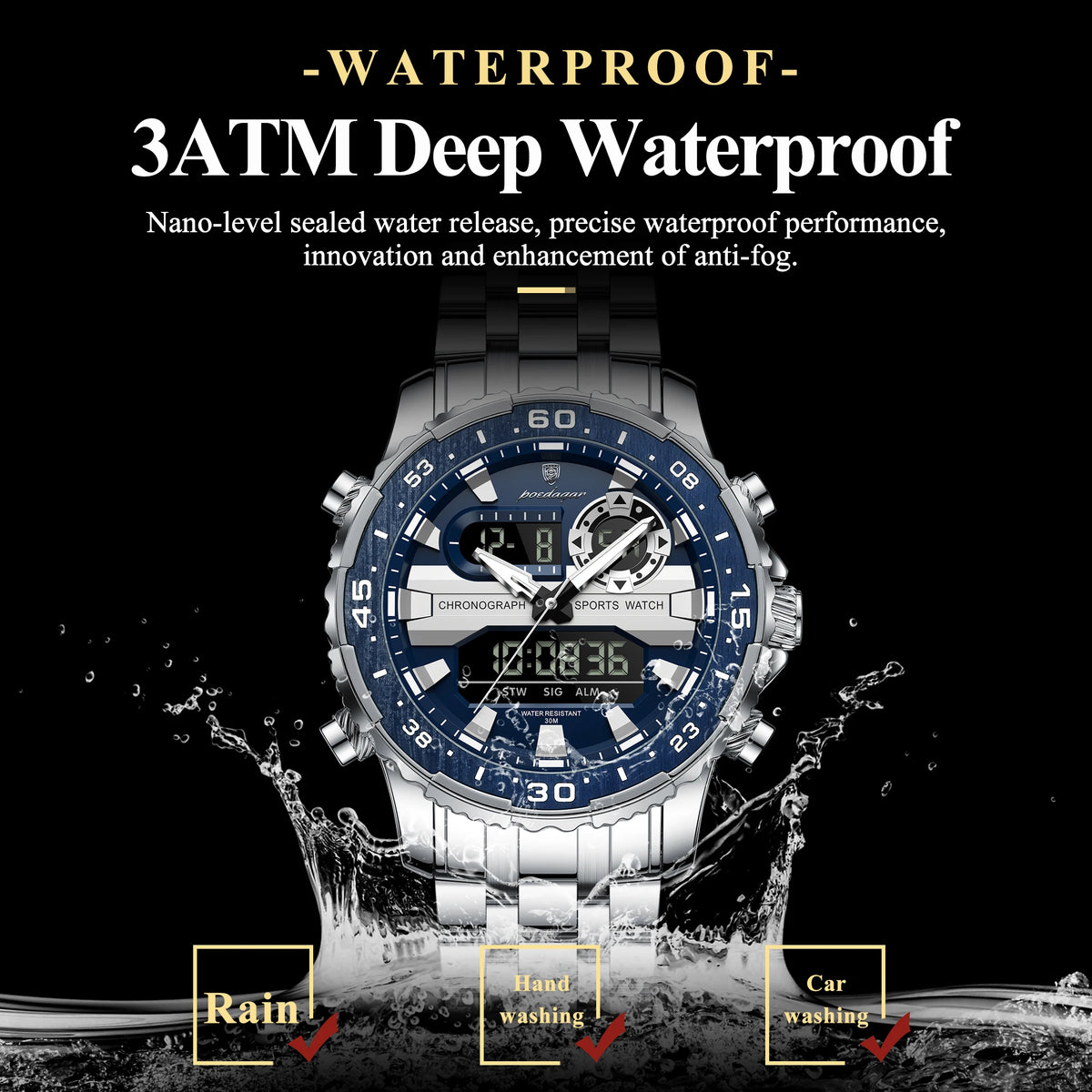 POEDAGAR Man Clock Waterproof Stainless Steel