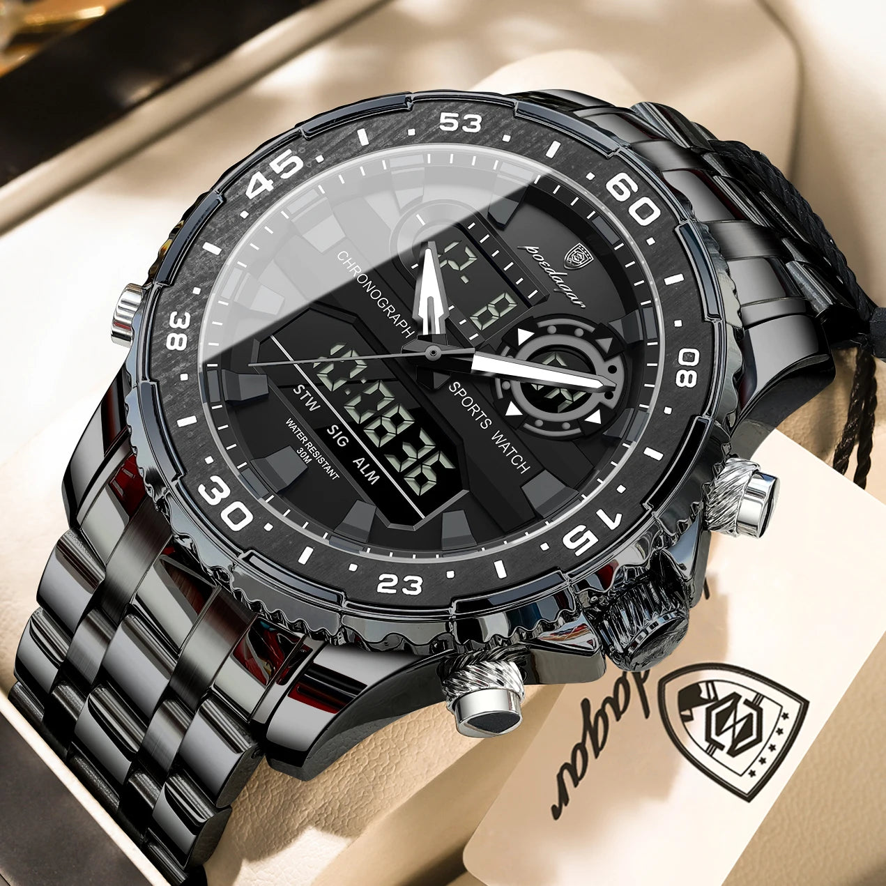 POEDAGAR Man Clock Waterproof Stainless Steel