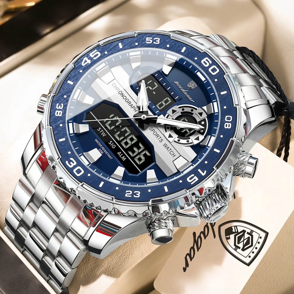POEDAGAR Man Clock Waterproof Stainless Steel
